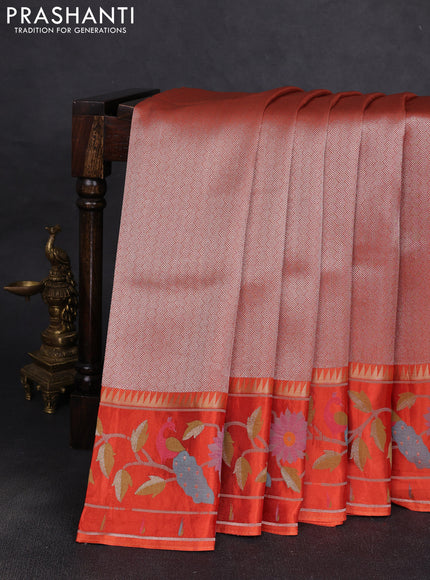 Banarasi silk saree orange with allover zari woven brocade weaves and paithani style border