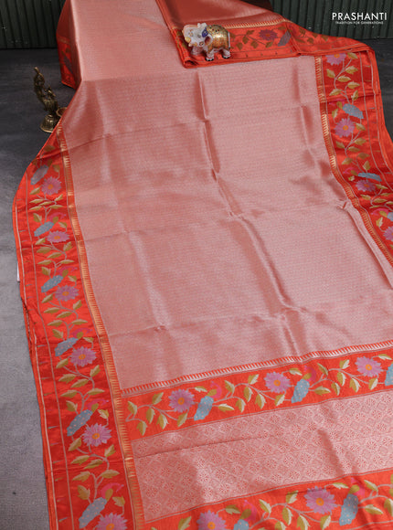 Banarasi silk saree orange with allover zari woven brocade weaves and paithani style border