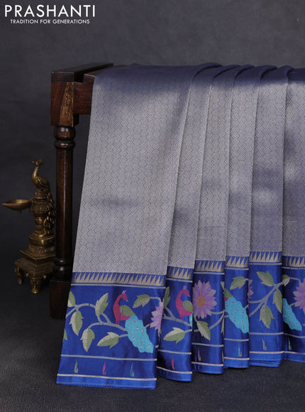 Banarasi silk saree blue with allover zari woven brocade weaves and paithani style border