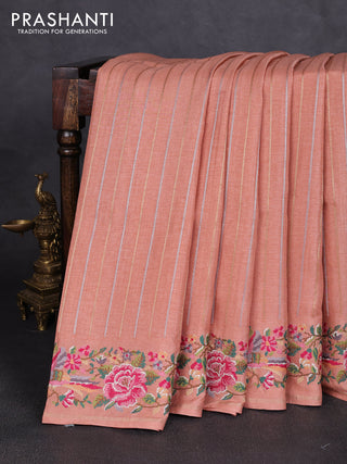 Semi tussar saree peach shade with allover silver & zari stripe pattern and convent embroidery border