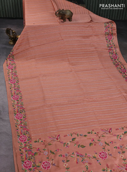 Semi tussar saree peach shade with allover silver & zari stripe pattern and convent embroidery border