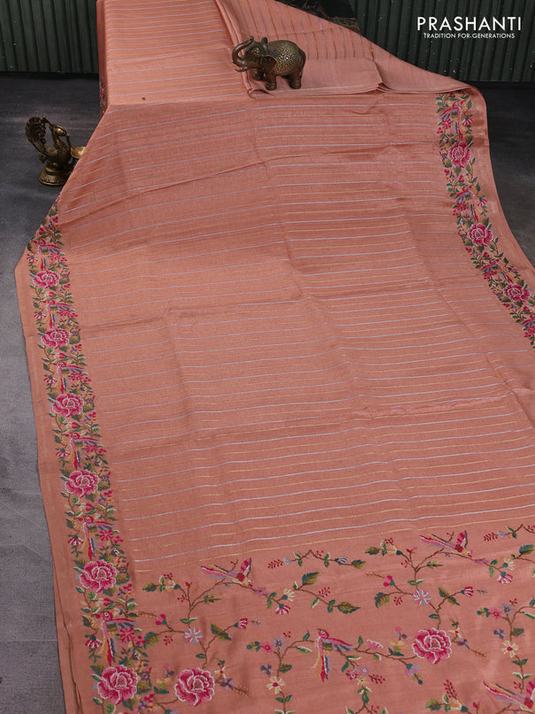 Semi tussar saree peach shade with allover silver & zari stripe pattern and convent embroidery border