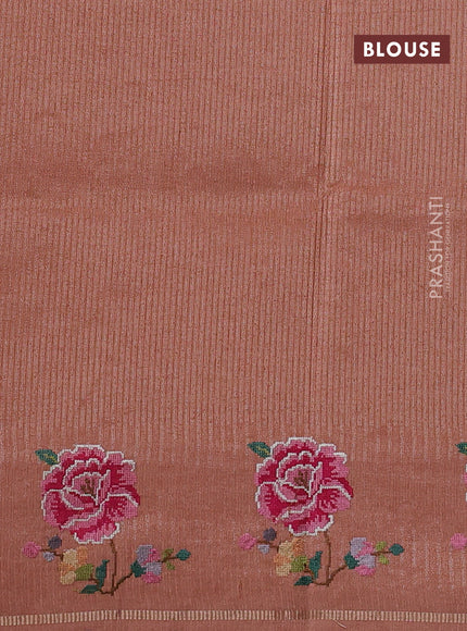 Semi tussar saree peach shade with allover silver & zari stripe pattern and convent embroidery border