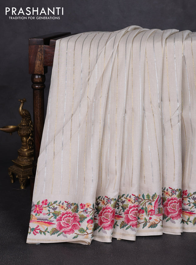 Semi tussar saree off white with allover silver & zari stripe pattern and convent embroidery border