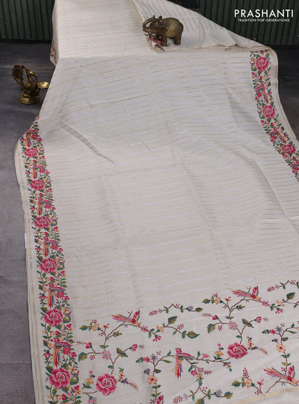 Semi tussar saree off white with allover silver & zari stripe pattern and convent embroidery border