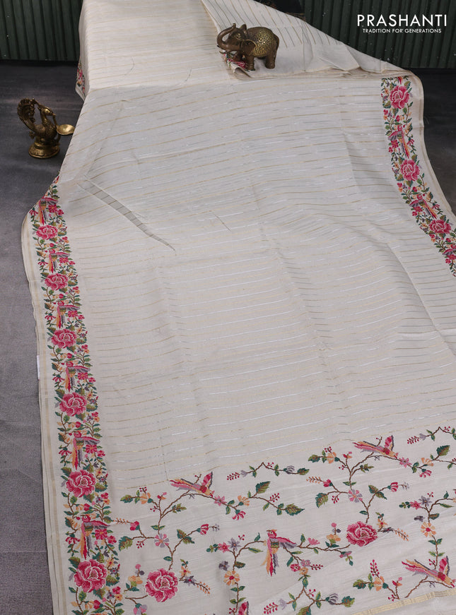 Semi tussar saree off white with allover silver & zari stripe pattern and convent embroidery border