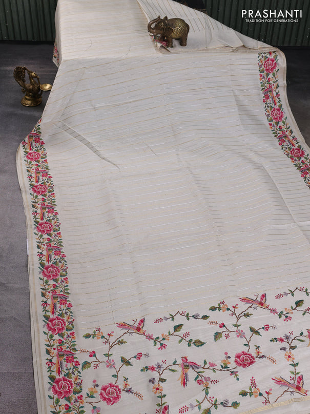 Semi tussar saree off white with allover silver & zari stripe pattern and convent embroidery border