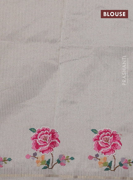 Semi tussar saree off white with allover silver & zari stripe pattern and convent embroidery border