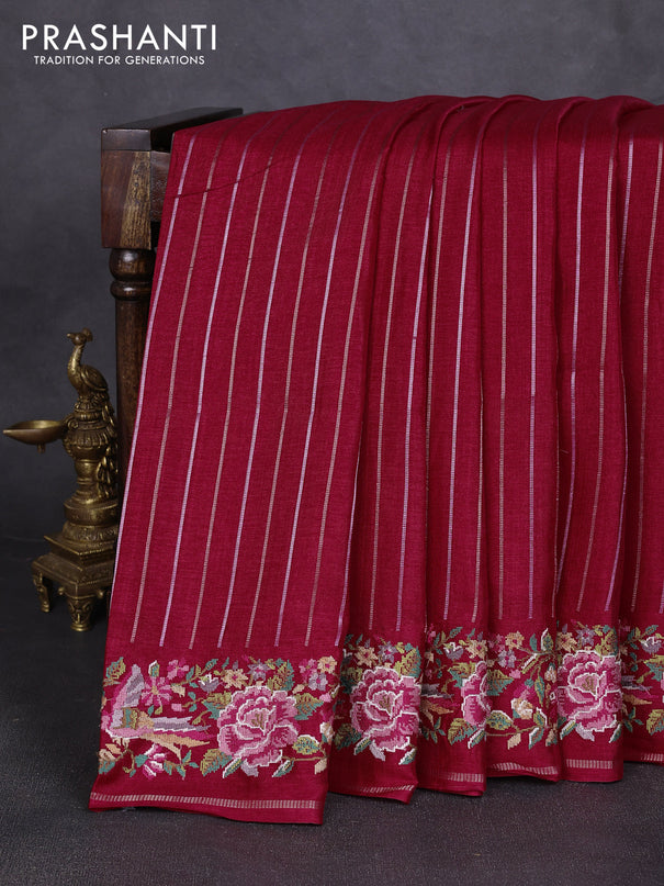 Semi tussar saree dark pink with allover silver & zari stripe pattern and convent embroidery border