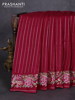 Semi tussar saree dark pink with allover silver & zari stripe pattern and convent embroidery border