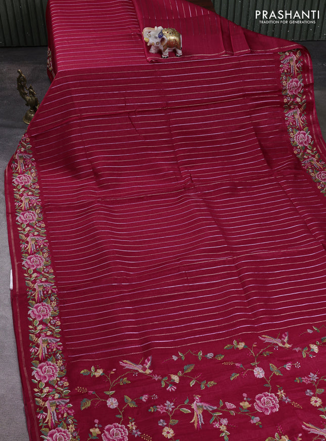 Semi tussar saree dark pink with allover silver & zari stripe pattern and convent embroidery border