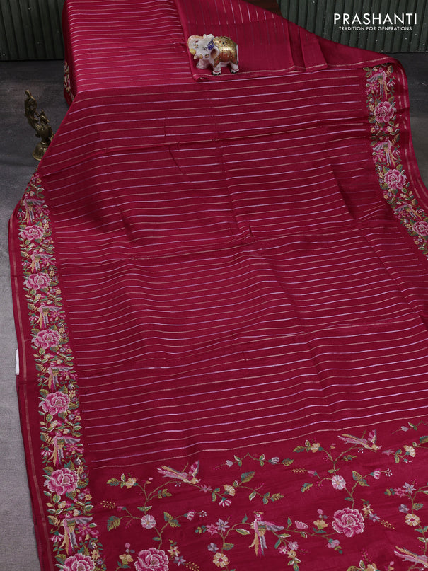 Semi tussar saree dark pink with allover silver & zari stripe pattern and convent embroidery border