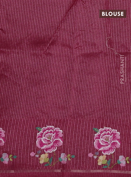 Semi tussar saree dark pink with allover silver & zari stripe pattern and convent embroidery border