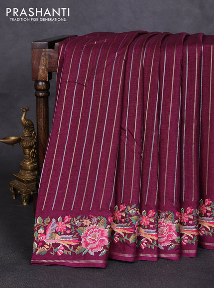 Semi tussar saree wine shade with allover silver & zari stripe pattern and convent embroidery border
