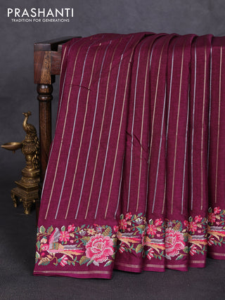 Semi tussar saree wine shade with allover silver & zari stripe pattern and convent embroidery border