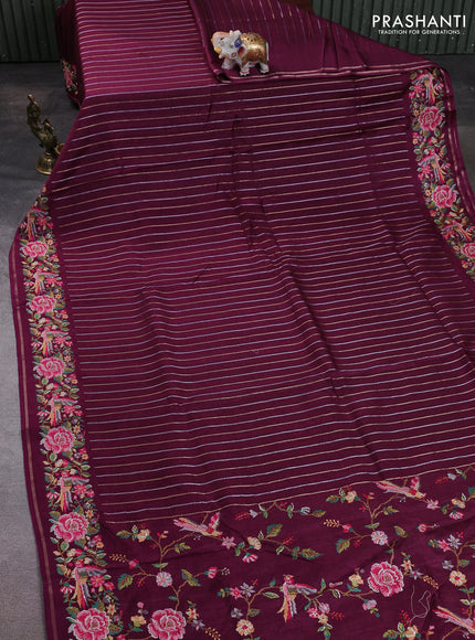Semi tussar saree wine shade with allover silver & zari stripe pattern and convent embroidery border