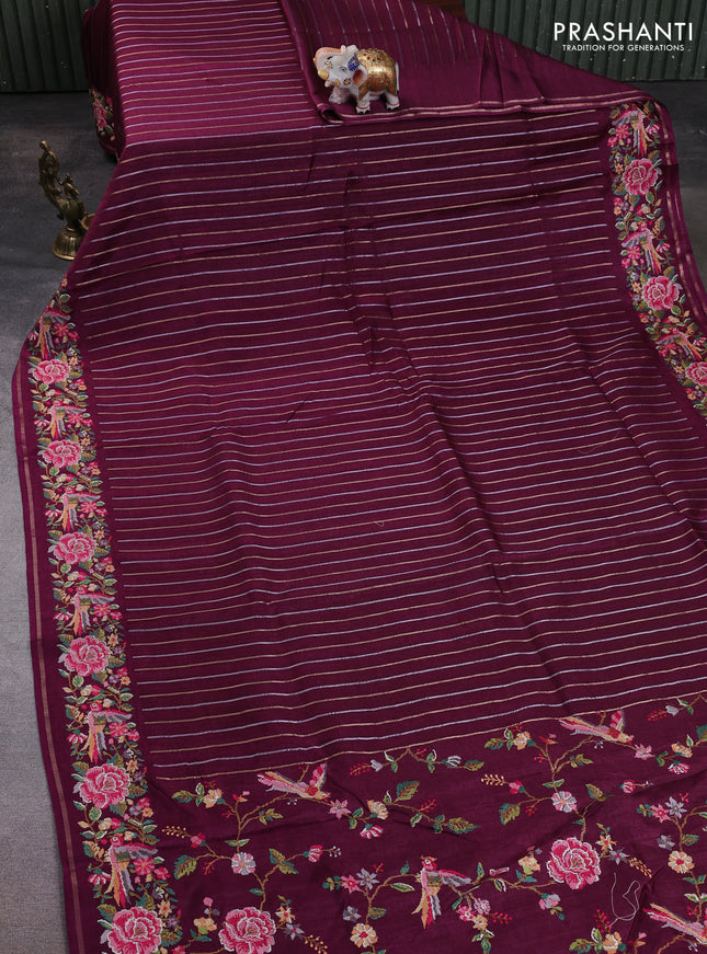 Semi tussar saree wine shade with allover silver & zari stripe pattern and convent embroidery border