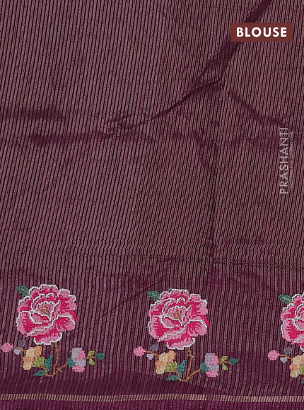 Semi tussar saree wine shade with allover silver & zari stripe pattern and convent embroidery border