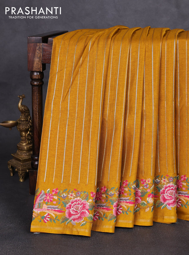 Semi tussar saree mustard yellow with allover silver & zari stripe pattern and convent embroidery border
