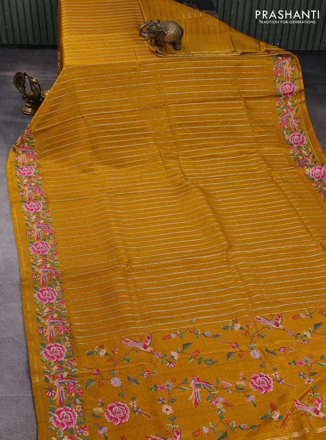 Semi tussar saree mustard yellow with allover silver & zari stripe pattern and convent embroidery border