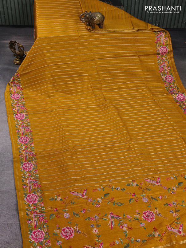 Semi tussar saree mustard yellow with allover silver & zari stripe pattern and convent embroidery border