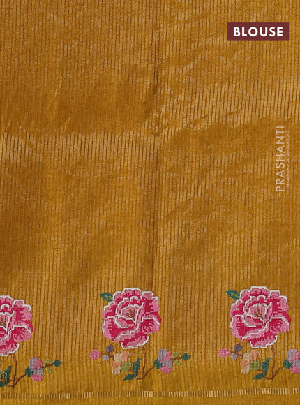 Semi tussar saree mustard yellow with allover silver & zari stripe pattern and convent embroidery border