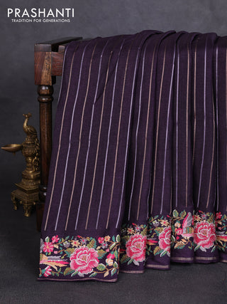 Semi tussar saree deep violet with allover silver & zari stripe pattern and convent embroidery border