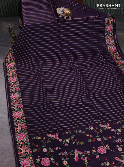 Semi tussar saree deep violet with allover silver & zari stripe pattern and convent embroidery border