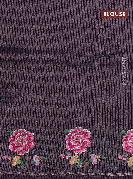 Semi tussar saree deep violet with allover silver & zari stripe pattern and convent embroidery border