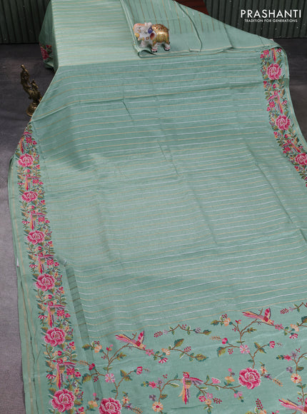 Semi tussar saree pastel green with allover silver & zari stripe pattern and convent embroidery border