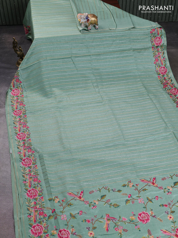Semi tussar saree pastel green with allover silver & zari stripe pattern and convent embroidery border