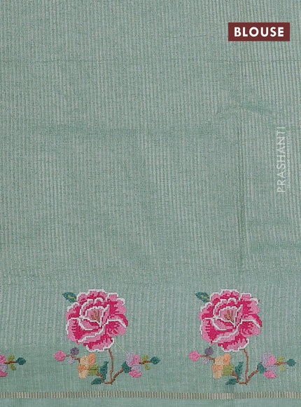 Semi tussar saree pastel green with allover silver & zari stripe pattern and convent embroidery border