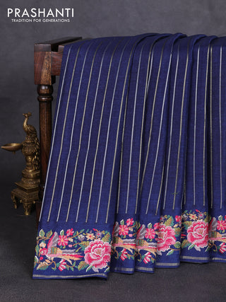 Semi tussar saree navy blue with allover silver & zari stripe pattern and convent embroidery border