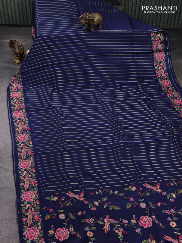 Semi tussar saree navy blue with allover silver & zari stripe pattern and convent embroidery border