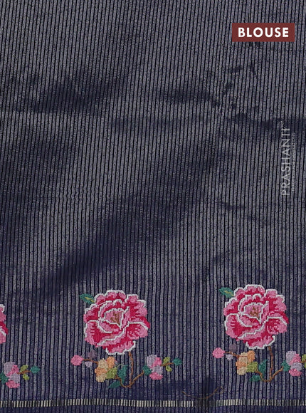 Semi tussar saree navy blue with allover silver & zari stripe pattern and convent embroidery border