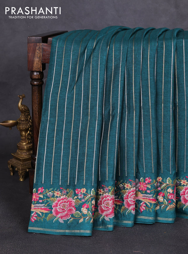 Semi tussar saree peacock green with allover silver & zari stripe pattern and convent embroidery border