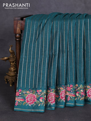 Semi tussar saree peacock green with allover silver & zari stripe pattern and convent embroidery border