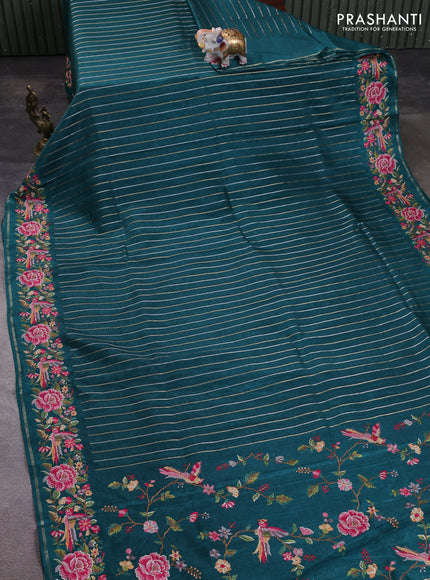 Semi tussar saree peacock green with allover silver & zari stripe pattern and convent embroidery border