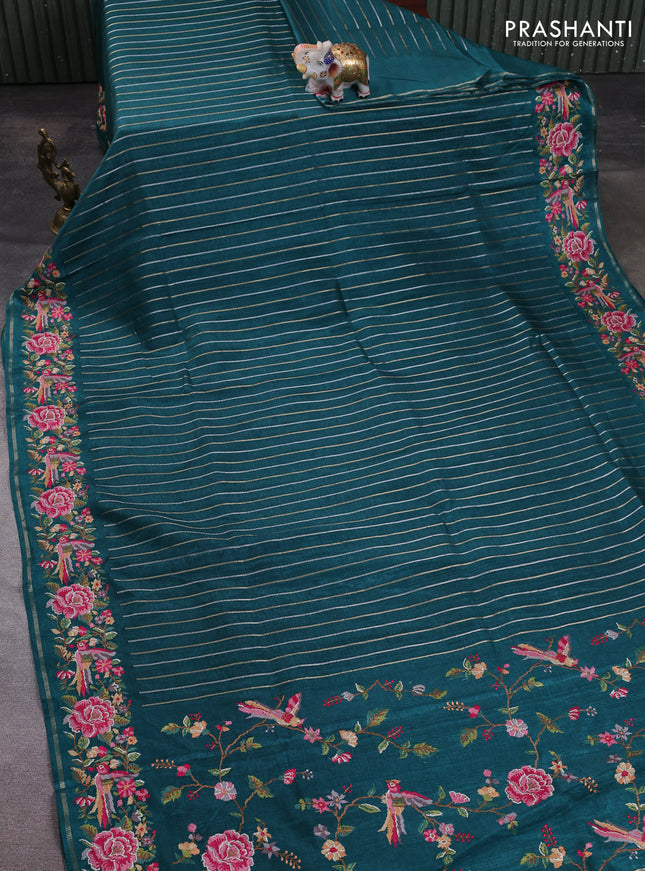 Semi tussar saree peacock green with allover silver & zari stripe pattern and convent embroidery border