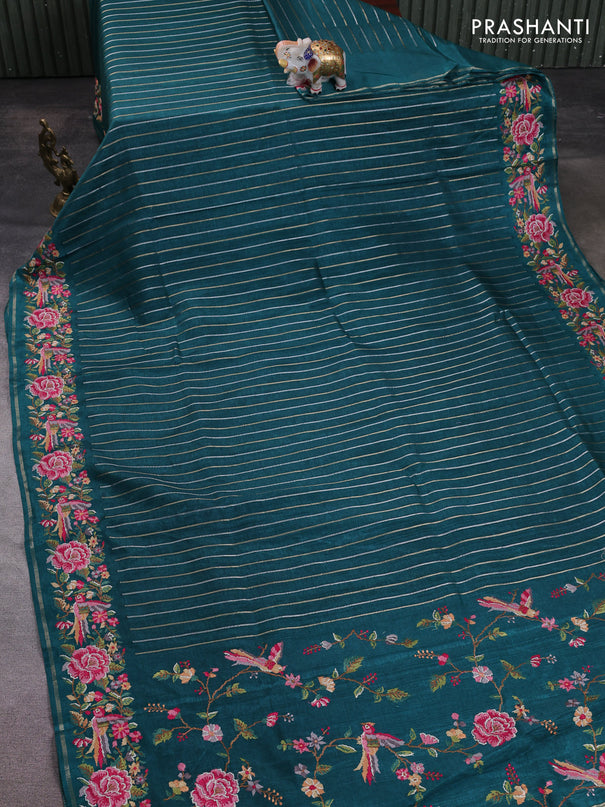 Semi tussar saree peacock green with allover silver & zari stripe pattern and convent embroidery border