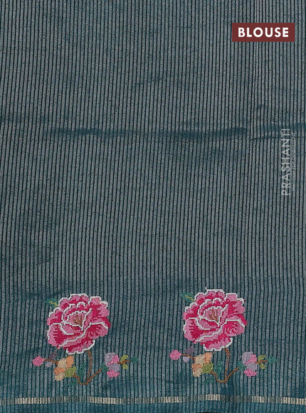 Semi tussar saree peacock green with allover silver & zari stripe pattern and convent embroidery border