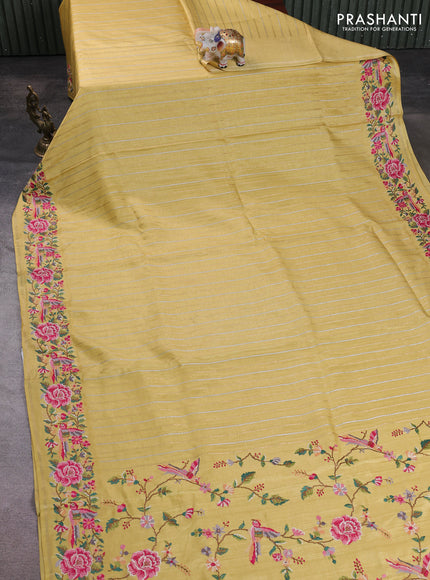 Semi tussar saree pale yellow with allover silver & zari stripe pattern and convent embroidery border