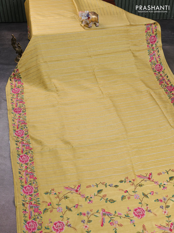 Semi tussar saree pale yellow with allover silver & zari stripe pattern and convent embroidery border