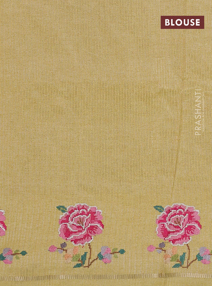 Semi tussar saree pale yellow with allover silver & zari stripe pattern and convent embroidery border