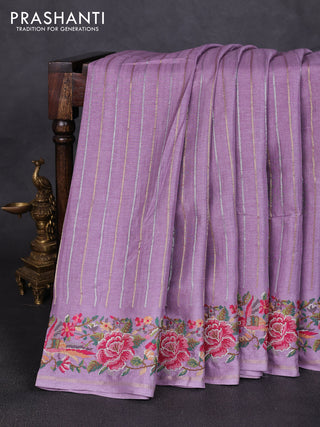Semi tussar saree mild lavender with allover silver & zari stripe pattern and convent embroidery border