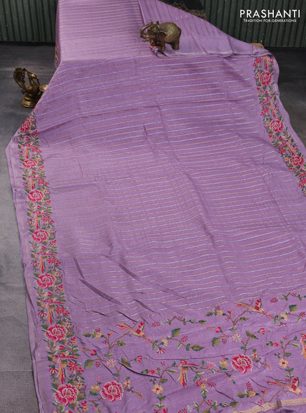 Semi tussar saree mild lavender with allover silver & zari stripe pattern and convent embroidery border