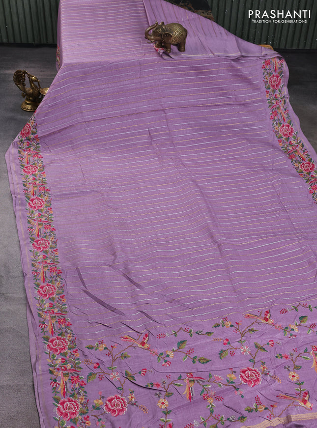 Semi tussar saree mild lavender with allover silver & zari stripe pattern and convent embroidery border