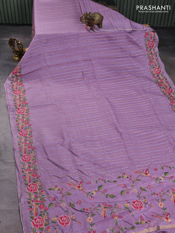 Semi tussar saree mild lavender with allover silver & zari stripe pattern and convent embroidery border