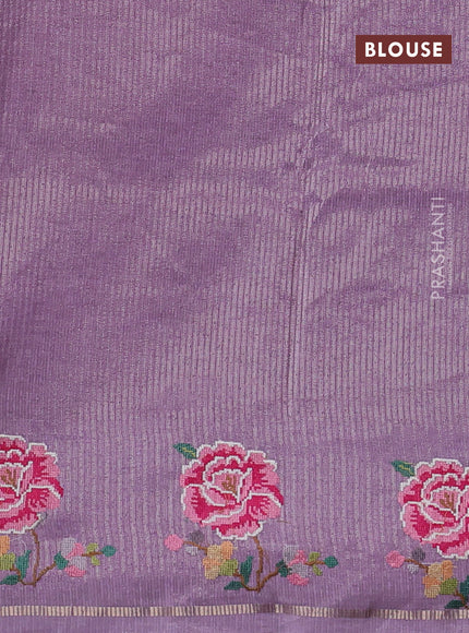 Semi tussar saree mild lavender with allover silver & zari stripe pattern and convent embroidery border
