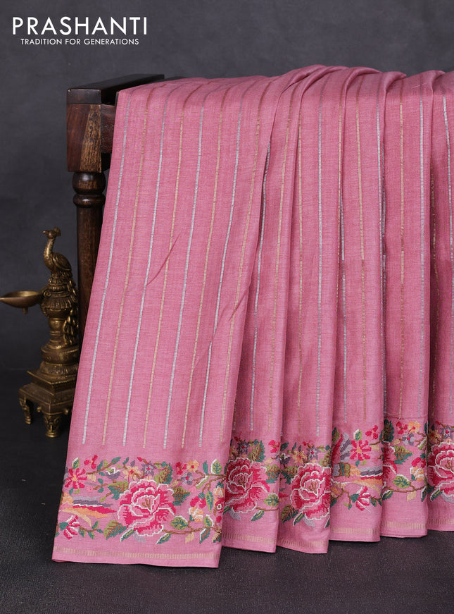 Semi tussar saree pastel pink with allover silver & zari stripe pattern and convent embroidery border